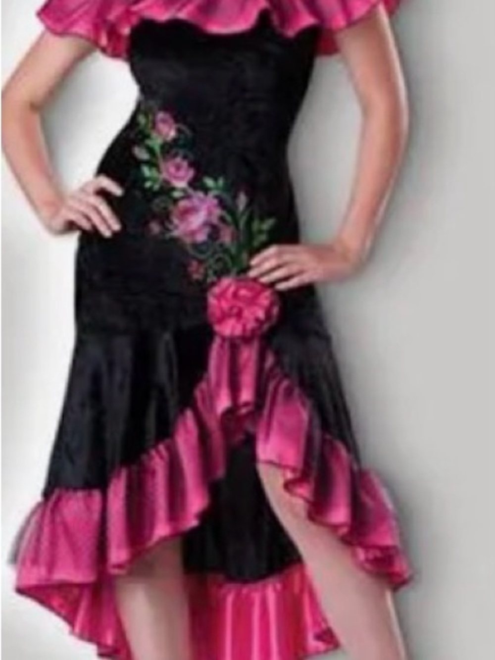 Flirty Flamingo Floral Black and Hot Pink Ruffle Dress Costume